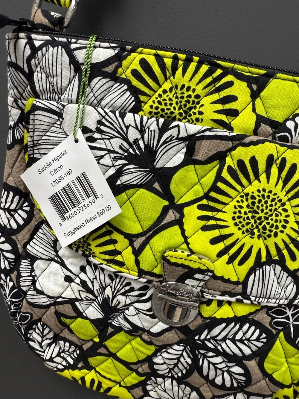 Vera Bradley Saddle Hipster Citron  Neon Yellow Floral Quilted Shoulder Bag